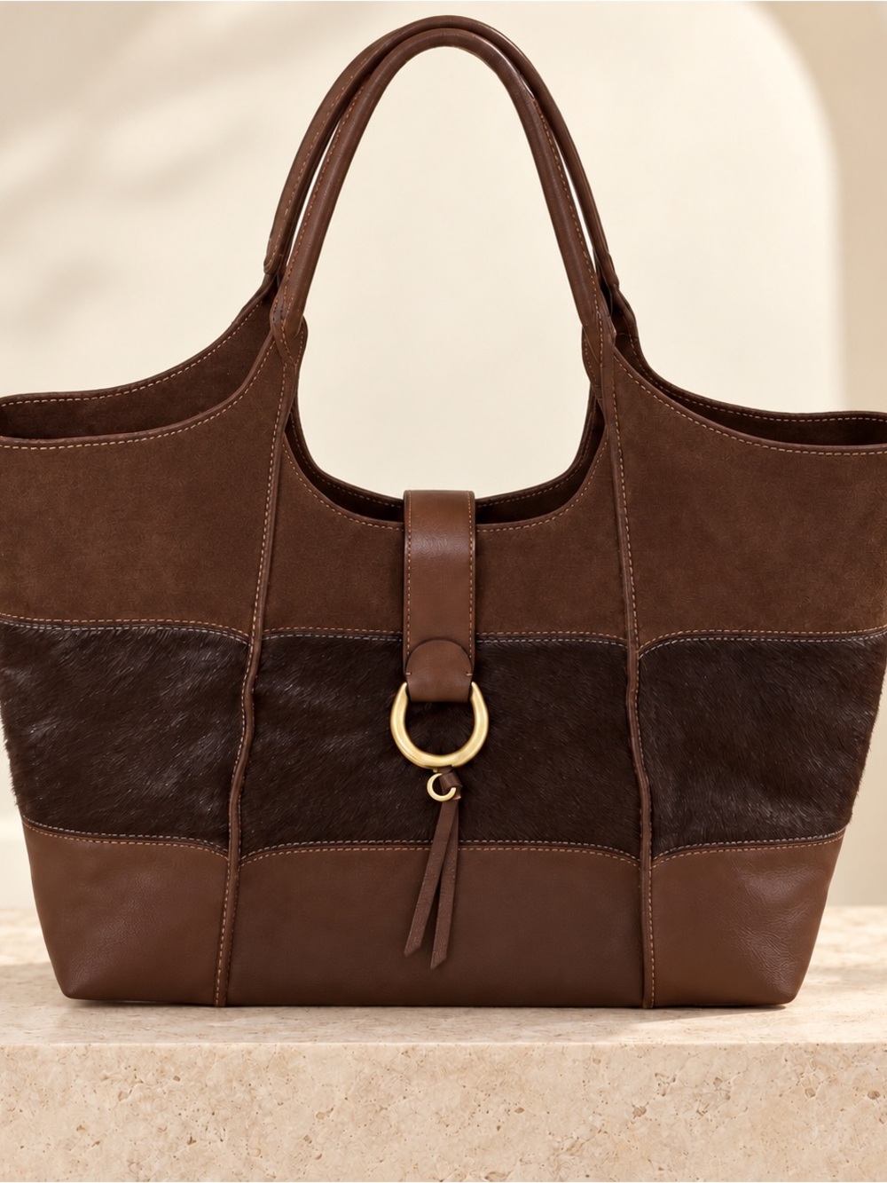 Divina Firenze Chocolate Brown Calf Hair Leather Tote Bag Gold Hardware